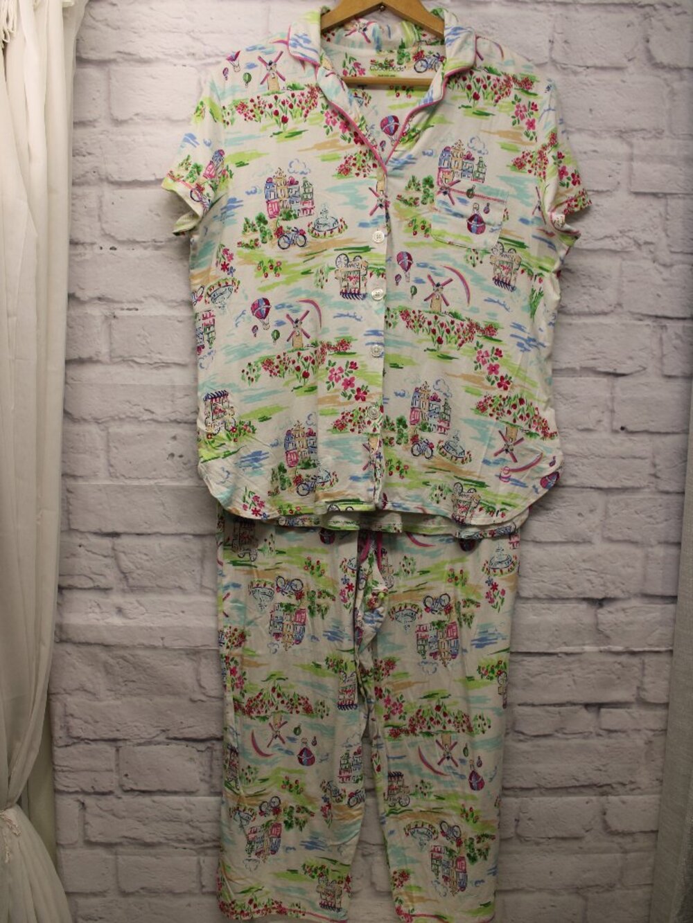 Cuddl Duds Medium White Pink Button Front Loungewear Pajama Set Summer Casual